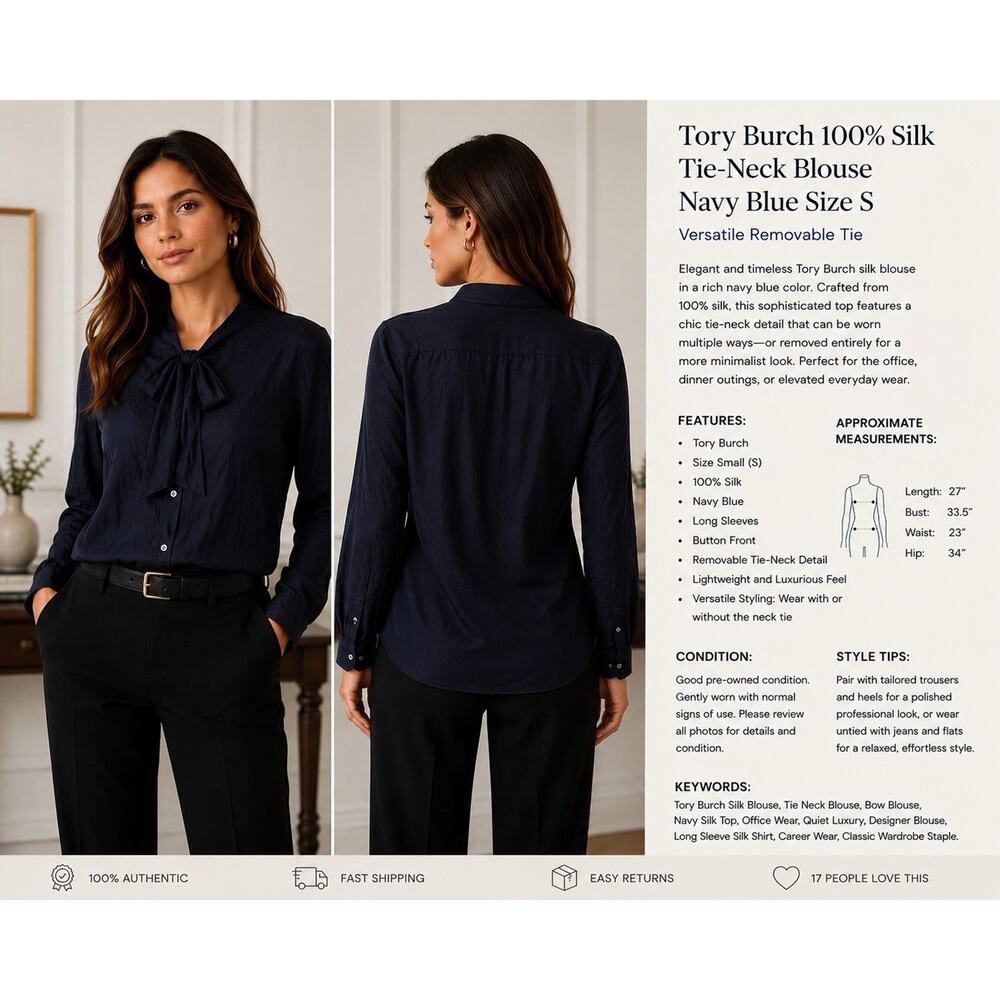 Tory Burch Navy 100% Silk Removable Tie-Blouse Size S | Versatile Luxury Style
